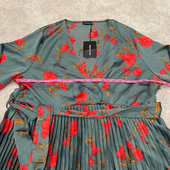 NWT Pretty Little Thing Plus Size Green Floral Longsleeve Pleated Midi Dress 30 - Picture 9 of 11